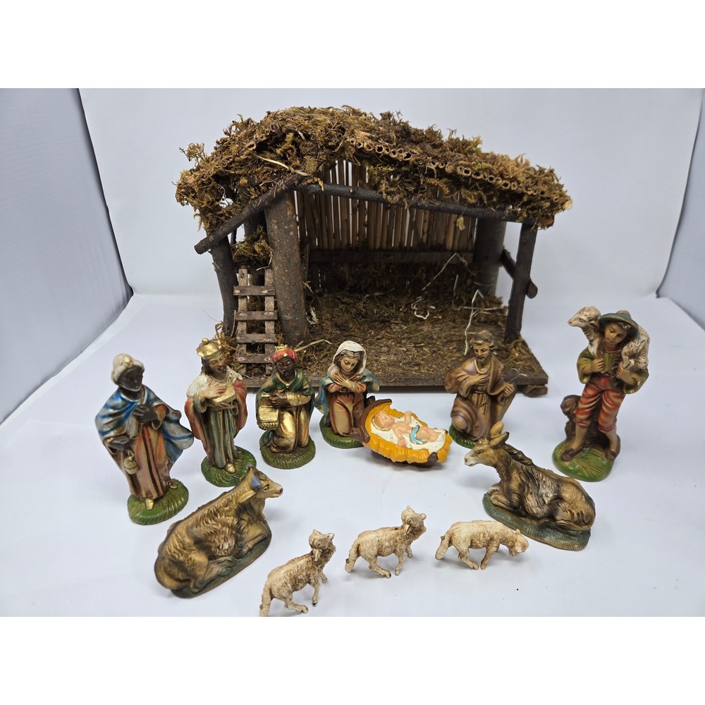 Vintage Nativity Set 12 Piece Wood Moss Stable Manger Creche Christmas Decor
